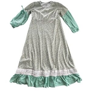 Floral Puff Sleeve Maxi Dress Girls M Green Cottagecore Prairie Lace Hem Vintage